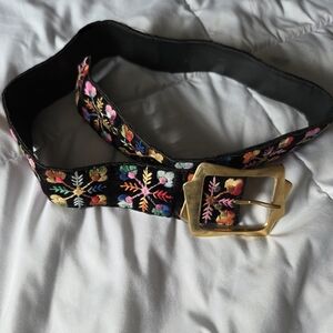 Embroidered Black Belt with Gold Buckle